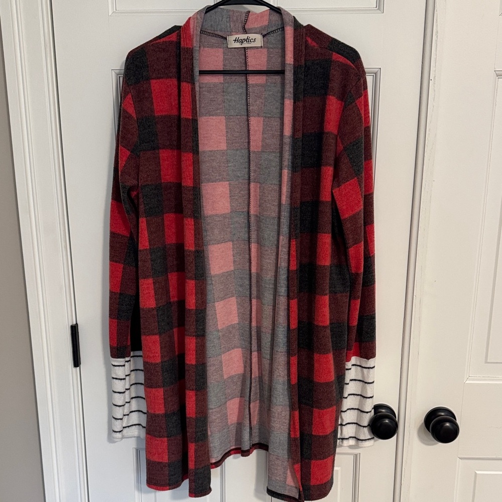 Hapites Red and Black Buffalo Plaid Open Cardigan with Striped Cuffs